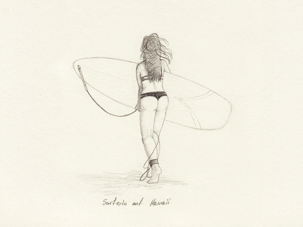 Zeichnung Surferin auf Hawaii